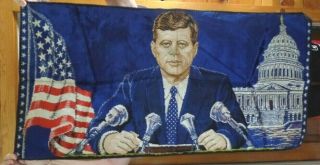 Vtg 1964 Jfk John Kennedy President Flag White House Rug Tapestry Wall Art 19x36
