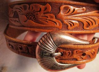 Hand Tooled Tan Leather Western Belt W/ 2p Buckle Set By Justin 34