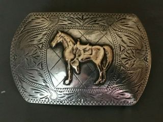 Old Ricardo Horse Design Sterling Silver & 10k Gold Western Belt Buckle