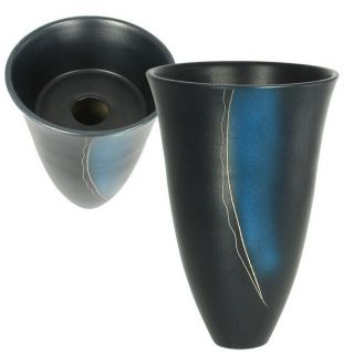 Japanese Ikebana Flower Vase 10.  25 " H Ceramic Blue Black With Lines Made In Japan