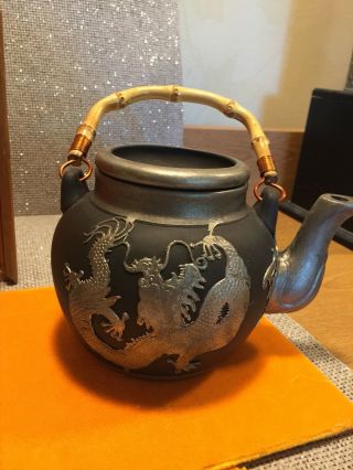 Teavana Black & Silver Dragon Teapot Clay With Wood Box & Infuser