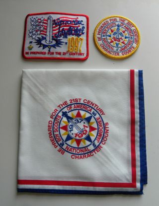 Bsa 1997 National Scout Jamboree White Neckerchief And 2 Patches