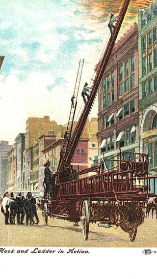 Vintage Postcard - Hook And Oadder In Action,  Firemen Fighting Fire