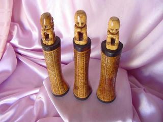 Borneo Dayak Tribal Art 3 Carved Bone Figure Medicine Powder Horn Containers