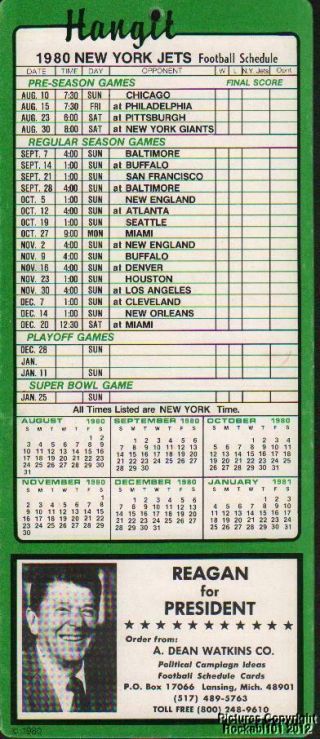 1980 Ronald Reagan For President / York Jets Schedule Hanger