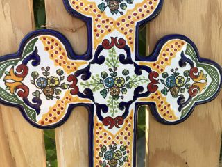 Authentic Talavera Ceramic Cross 12” Modern Mexico Pottery Wall Art Burgundy l 3