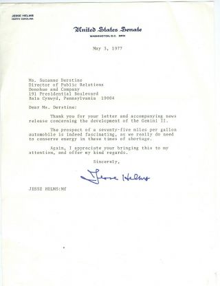 1977 Typed & Signed Letter From North Carolina Senator Jesse Helms Dc
