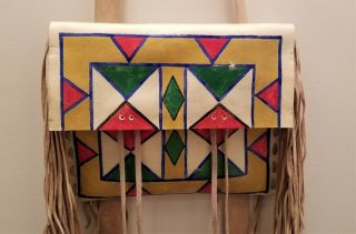 Lakota/plains Indian Style Painted Parfleche Bag With Carrying Strap And Fringe