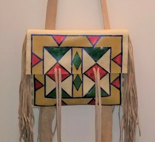 Lakota/Plains Indian style painted Parfleche bag with carrying strap and fringe 2