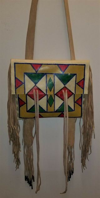 Lakota/Plains Indian style painted Parfleche bag with carrying strap and fringe 3