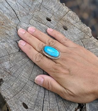 Native American Ring Oval Blue Turquoise W Sterling Silver Sz 8 & 1/4