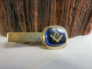 Vintage Masonic Blue Lodge Square & Compass Tie Clip Blue Glass Rp7