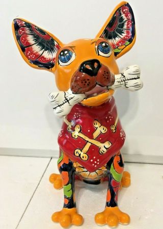 Mexican Pottery Animal Talavera 12 " Dog Figure Chihuahua Folk Art Gerardo Garcia