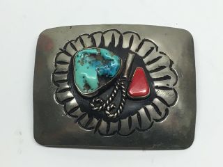 Native American Navajo Silver Turquoise Coral Belt Buckle Signed Sterling? Ss