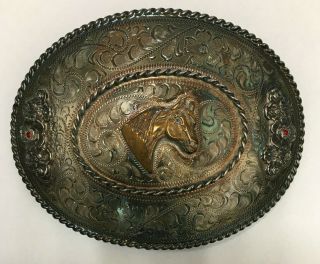 Mexico Silver Western Rodeo Oval Belt Buckle Horse Head Engraved Design