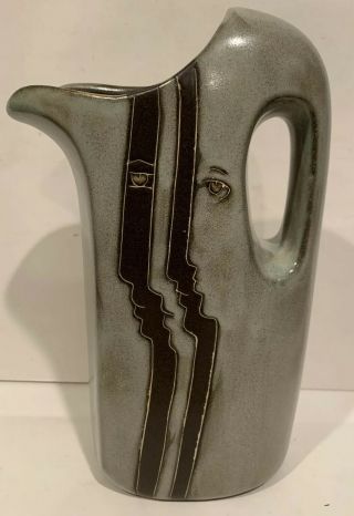 Pitcher Carafe 10.  5” Modern Abstract Faces Glazed Ceramic Design By Mara Mexico