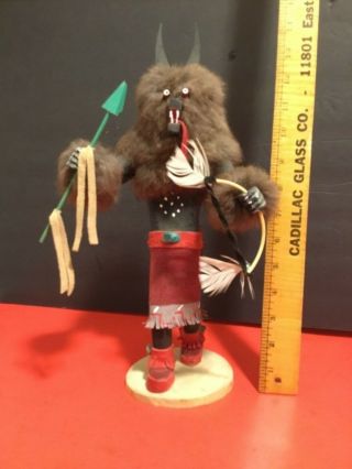 14” Native American Wolf Kachina Doll W/ Fur,  Bow & Arrow,  Signed Regina Yazie