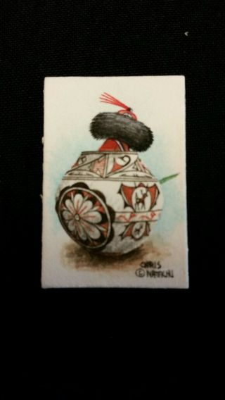 Miniature Painting Of A Zuni Pot & Kachina Dancer By Chris Natachu