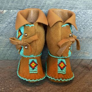 Native American Indian Moccasins - Handmade Beaded Soft Leather Baby Booties