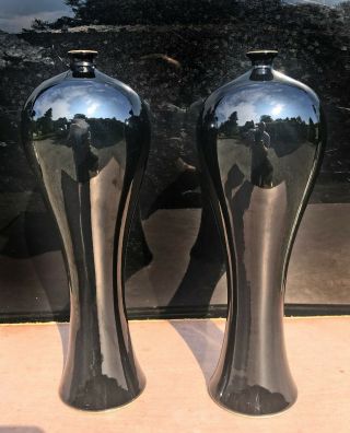 Black Asian Japanese Vases Sleek Slender Neck Design Japanese Mark
