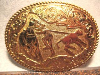 Solid Gold Bronze Cowboy Roping Calf Crumrine Usa Trophy Belt Buckle