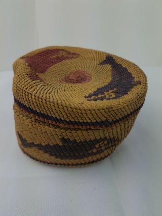 Native American Basket With Lid 1930s Northeast Fish Purple Pink
