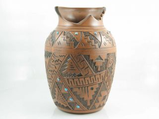 Native American Handmade Navajo Vase With Turquoise Stones