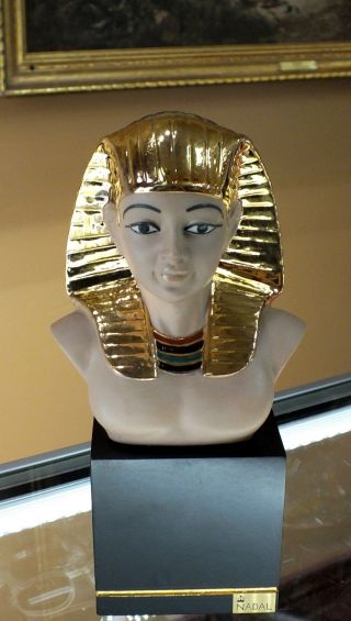 ﻿nadal Porcelain King Tut Bust On Pedestal Egyptian Figure 24k Gold Accent