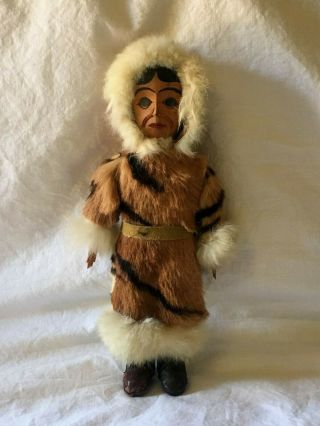 Alaska Northwest Coast Inuit Yupik Indian Eskimo Carved Wooden Doll Real Fur