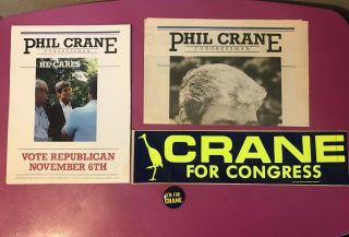 Phil Crane Illinois Congressman Campaign Brochures Handouts Bumper Sticker & Pin