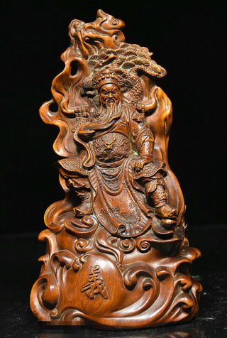 Chinese Boxwood Wood Carved Dragon Warrior Guangong Guanyu God Statue