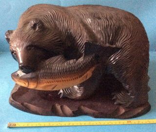 Japanese Hand Carved Large Wood Bear & Fish,  Ainu,  Hokkaido,  On Stand,  15.  5”l,  Sign