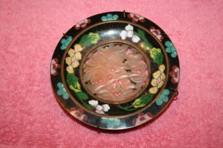 Vintage Cloisonné China Small Plate With Carved Jade Center
