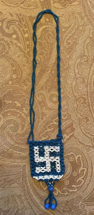 Vintage Native American Indian Beaded Swastika Bag - Blue And White