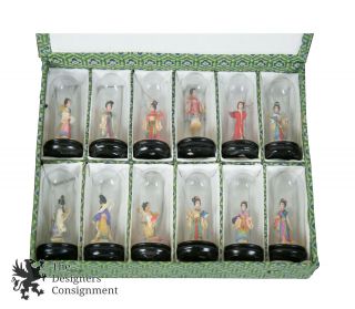Boxed Set Of 12 Miniature Japanese Geisha Doll Figures In Glass Dome Jars 1940s