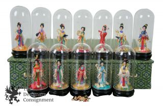 Boxed Set of 12 Miniature Japanese Geisha Doll Figures in Glass Dome Jars 1940s 2
