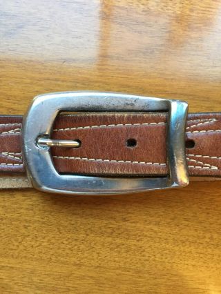 Vintage Sterling Silver Belt Buckle Brown Leather Belt Stitching Western Cowboy