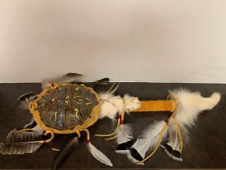 Native American Indian Ceremonial Turtle Shell Rattle By Tom Gray Elk Rael - - 20 " L