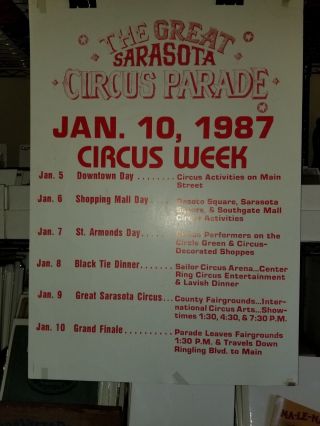 1987 Cardboard Poster The Great Sarasota (ny) Circus Parade Week