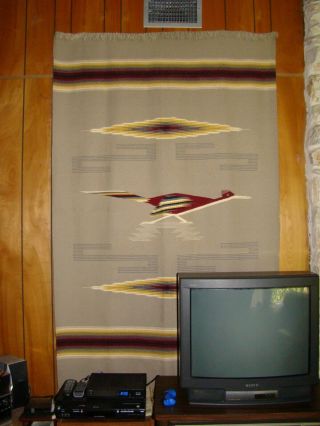 Large Vintage Chimayo Hand - Loomed Rug/wall Hanging - Roadrunner 82 X 53 Inches