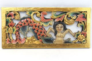 Balinese Mermaid Panel Wall Art Sculpture Hand Carved Wood Painted Architectural