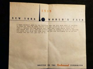1939 York World’s Fair Letter Written On The Underwood Typewriter