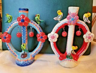 Pair Vtg Hand Painted Mexican Folk Art Pottery Birds & Flowers Candlabra 5 3/4 "
