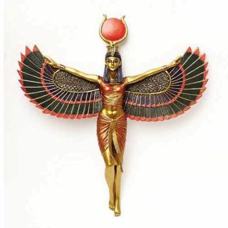 Isis Open Winged Wall Hanging Decor Egyptian Goddess Gold Sun Disk Mother Healer