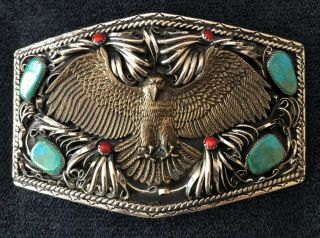 German Silver & Turquoise Large Eagle Belt Buckle Hand Crafted 6” X 4”