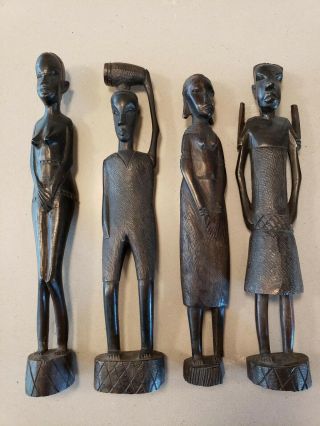Four Hand Carved Wood African Statue Figure Sculpture Tribal Folk Art Figures