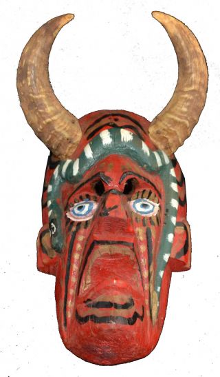 Antique Mexican Folk Art Devil Mask W/ Snake & Real Goat Horns