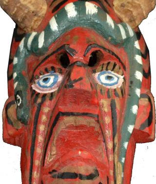 Antique MEXICAN Folk Art DEVIL MASK w/ Snake & Real Goat Horns 2