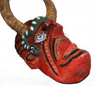 Antique MEXICAN Folk Art DEVIL MASK w/ Snake & Real Goat Horns 3
