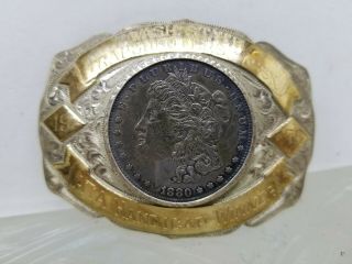 1880 O Morgan Dollar Western Cowboy Belt Buckle Sterling Silver W/ 14k Gold